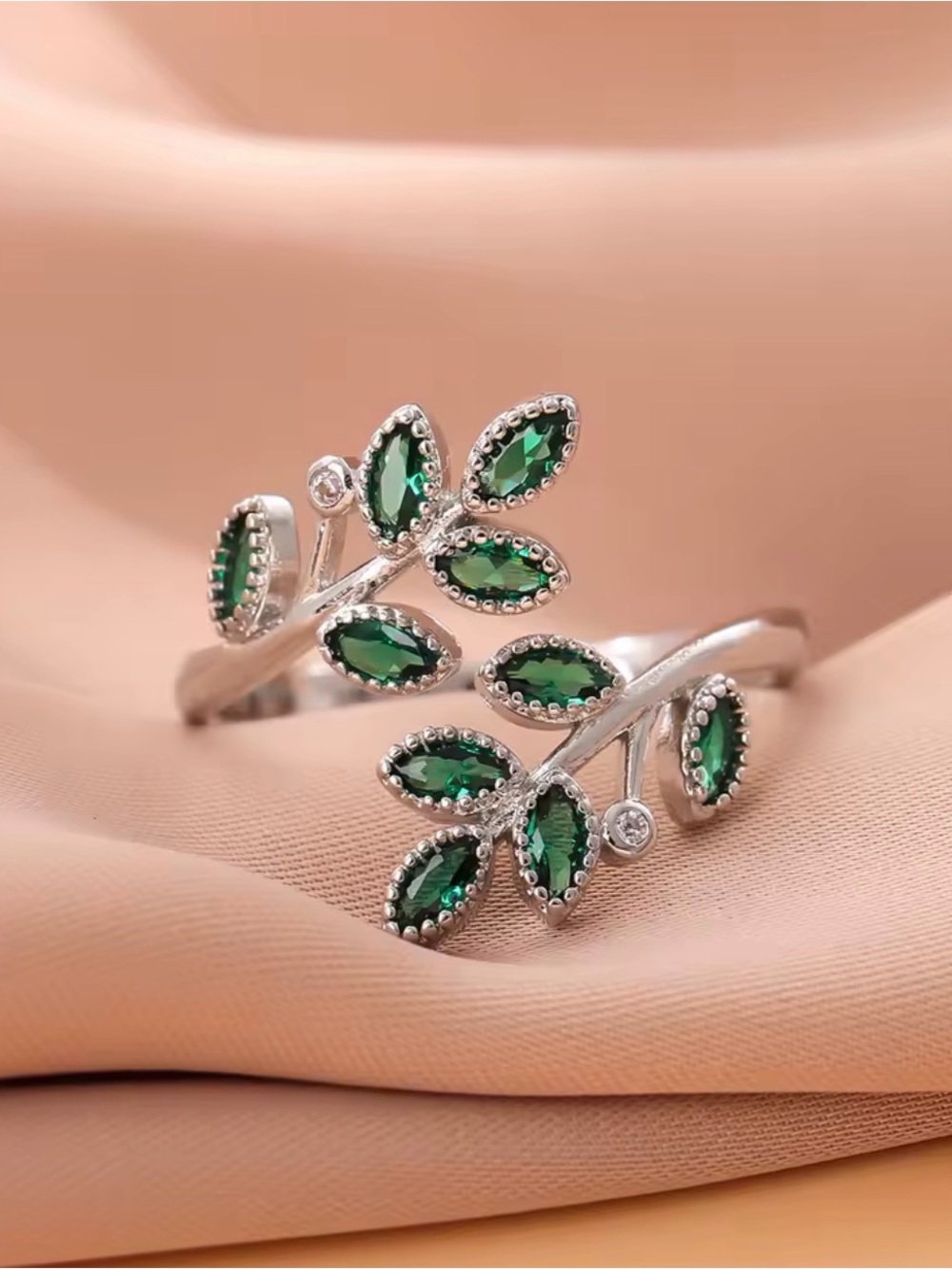 Emerald Green Crystal Leaf Statement Ring Silver Tone Adjustable Botanical Ring
